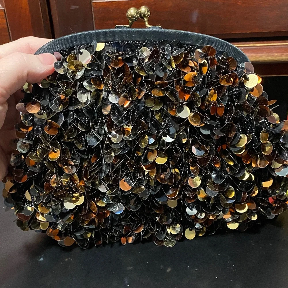 Elegant vintage Carla Marchi Sequin beaded copper silver and gold Evening Bag